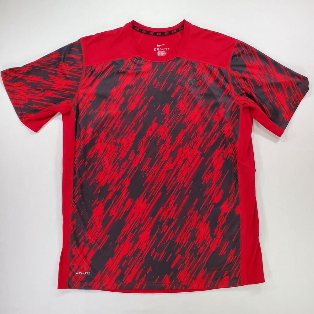Nike Dri-Fit Shirt Men XL Red Compression Crewneck Athletic Fit Mesh Curved Hem